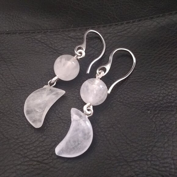 Bold & Modern Style! Genuine Crystal Quartz Moon Statement Dangle Earrings - Picture 1 of 8